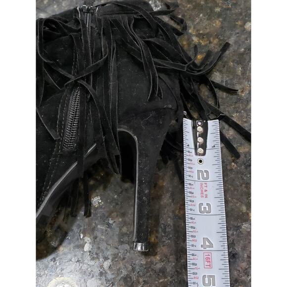 Forever Fringe Booties Women's 7.5 Black Suede Round Toe Stiletto Heel Side Zip - Picture 7 of 15